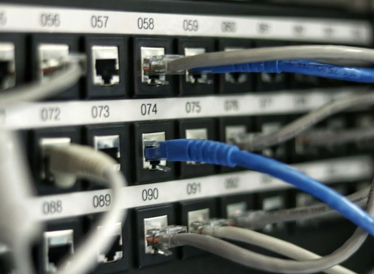 Network patch panel and connected infrastructure cabling.